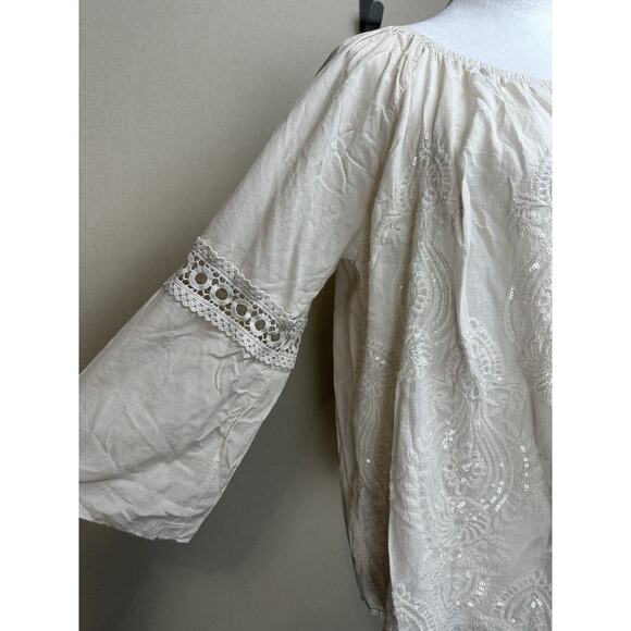 Kaktus Women’s Sz L Ivory Beige Sequins Embroidery Embellished Peasant Top - Picture 3 of 11